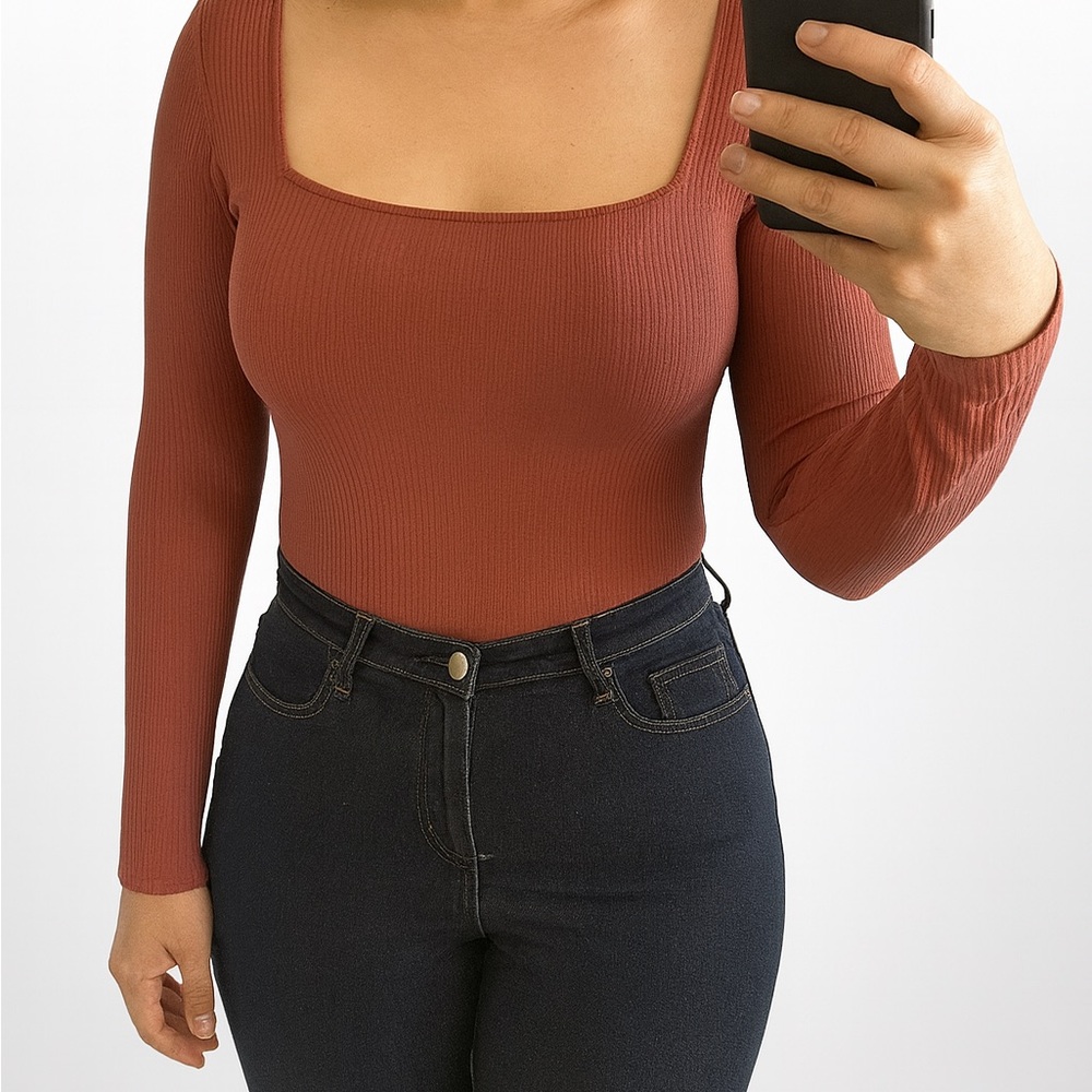 Old Navy Ribbed Bodysuit XL NWT Long Sleeve Square Neck Rust Brown One Piece
